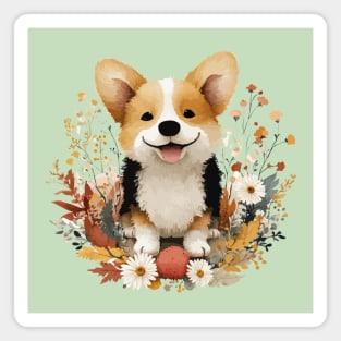 Happy Corgi in a Floral Wreath - Dog Mom & Dad Gift Magnet